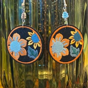 Floral Embroidered Earrings - Black, Orange, Blue